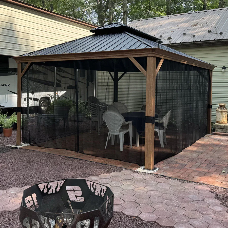 PURPLE LEAF Hardtop Gazebo for Patio Wood Grain Galvanized Steel Frame Awning with Netting - Image 115