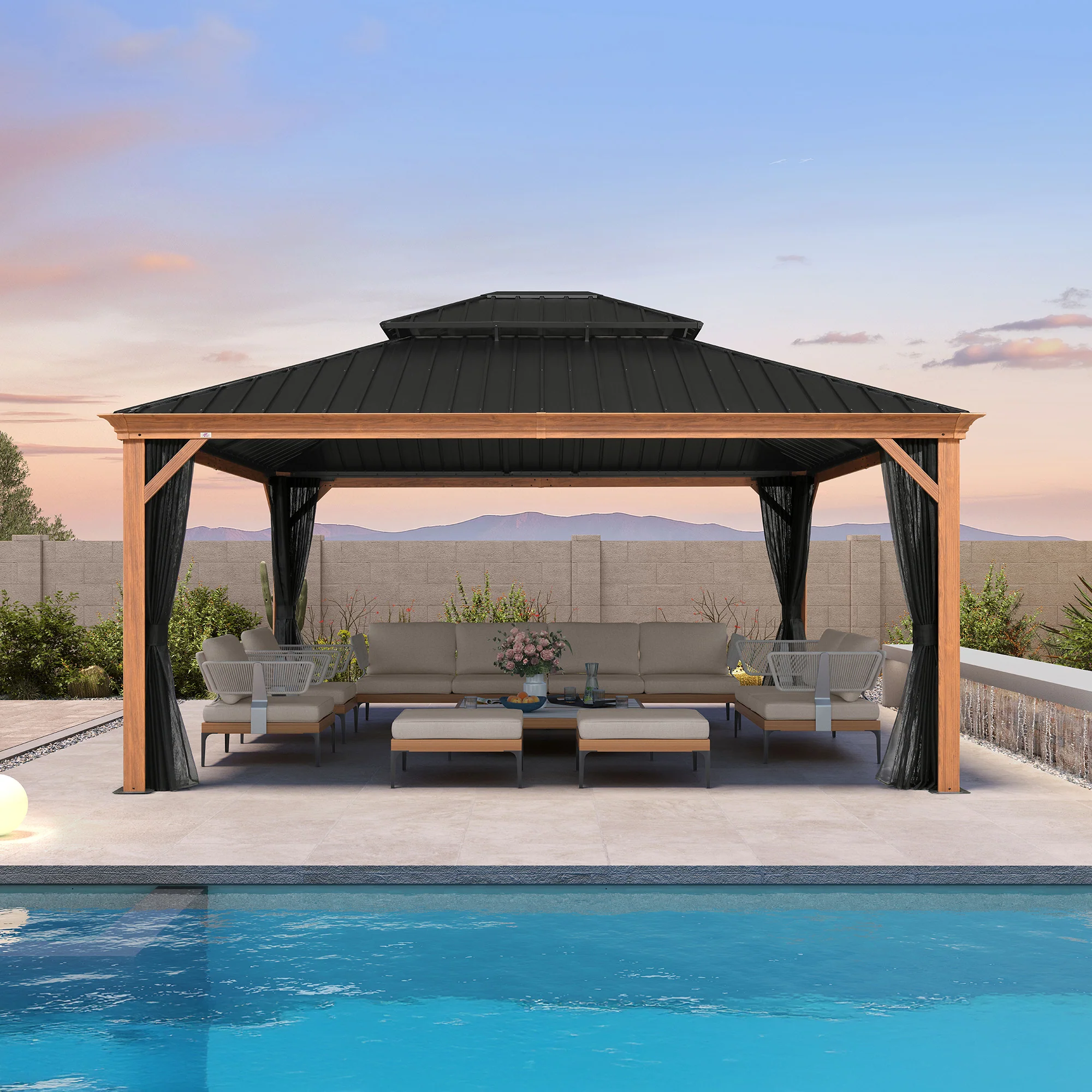 PURPLE LEAF Hardtop Gazebo for Patio Wood Grain Galvanized Steel Frame Awning with Netting - Image 116