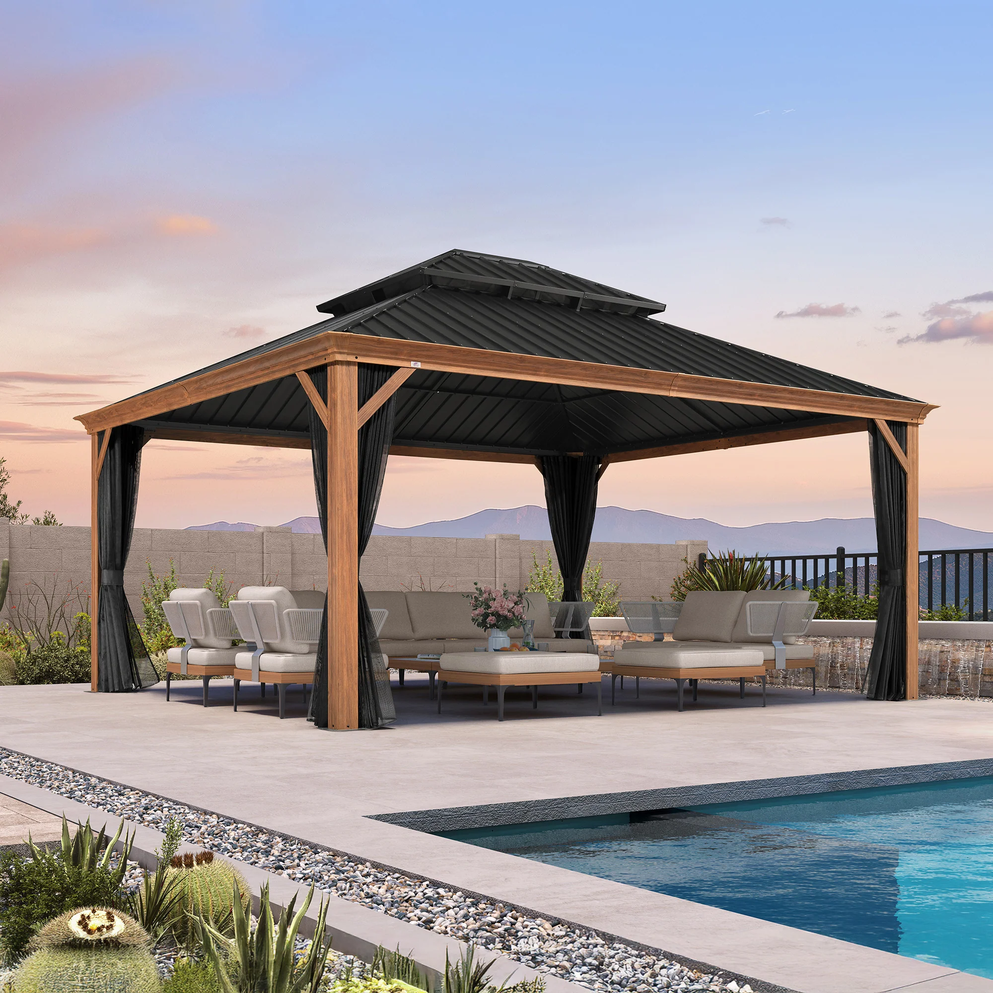 PURPLE LEAF Hardtop Gazebo for Patio Wood Grain Galvanized Steel Frame Awning with Netting - Image 117