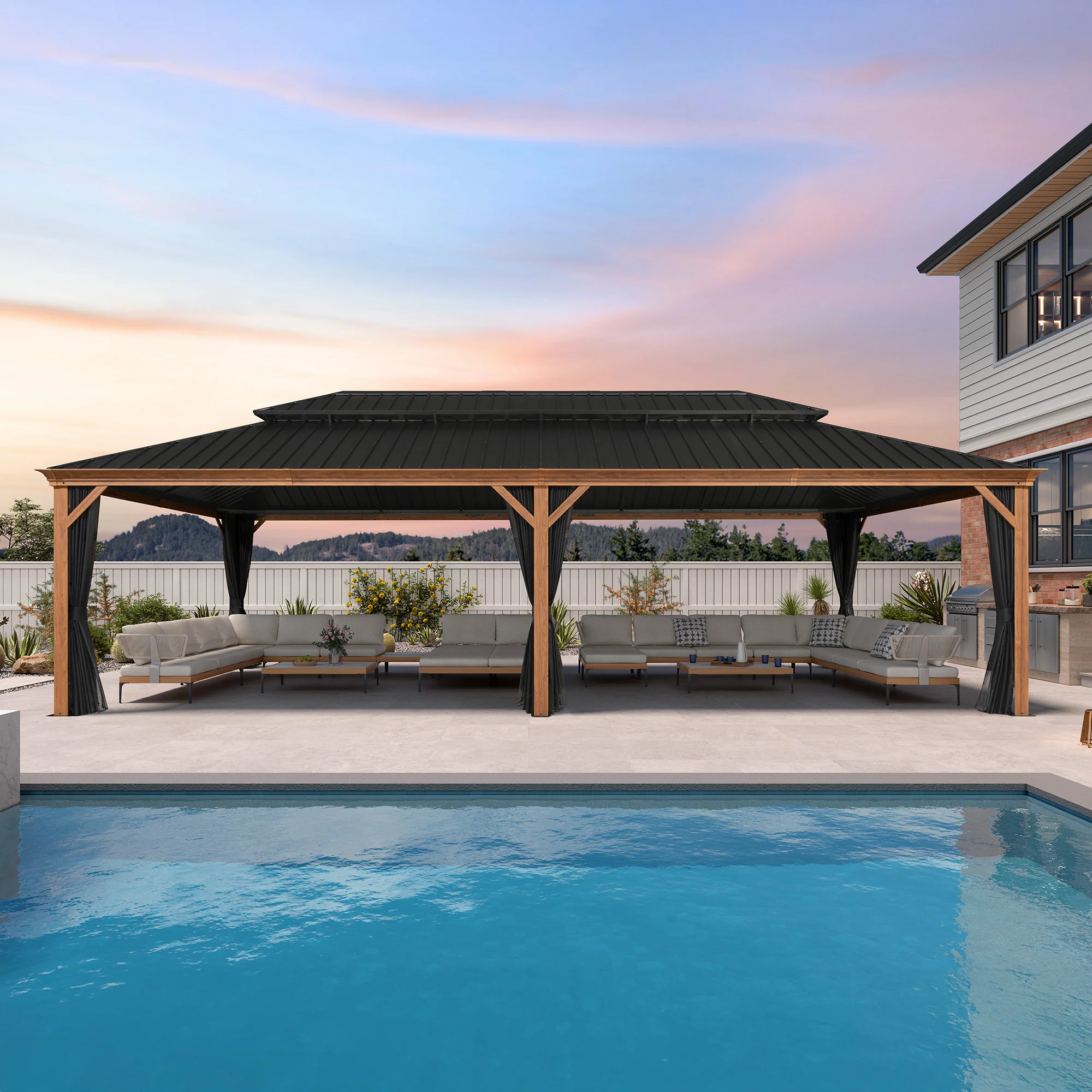 PURPLE LEAF Hardtop Gazebo for Patio Wood Grain Galvanized Steel Frame Awning with Netting - Image 119