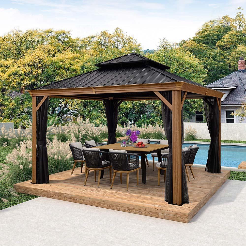 PURPLE LEAF Hardtop Gazebo for Patio Wood Grain Galvanized Steel Frame Awning with Netting - Image 12