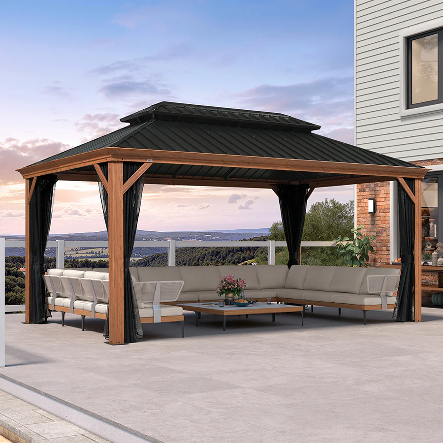 PURPLE LEAF Hardtop Gazebo for Patio Wood Grain Galvanized Steel Frame Awning with Netting - Image 121