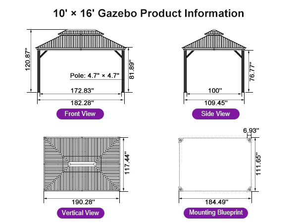 PURPLE LEAF Hardtop Gazebo for Patio Wood Grain Galvanized Steel Frame Awning with Netting - Image 122