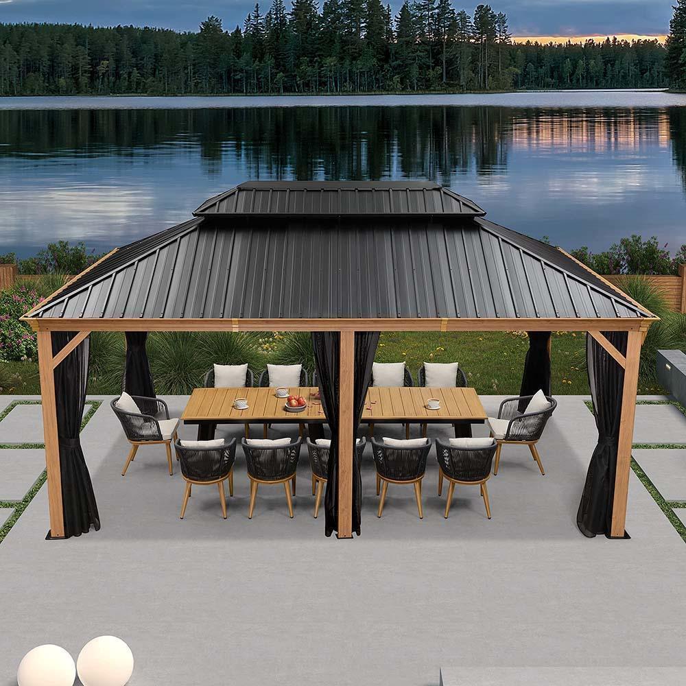 PURPLE LEAF Hardtop Gazebo for Patio Wood Grain Galvanized Steel Frame Awning with Netting - Image 15