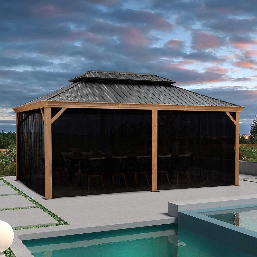 PURPLE LEAF Hardtop Gazebo for Patio Wood Grain Galvanized Steel Frame Awning with Netting - Image 16