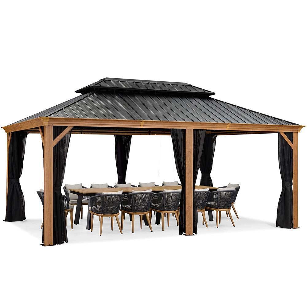 PURPLE LEAF Hardtop Gazebo for Patio Wood Grain Galvanized Steel Frame Awning with Netting - Image 18