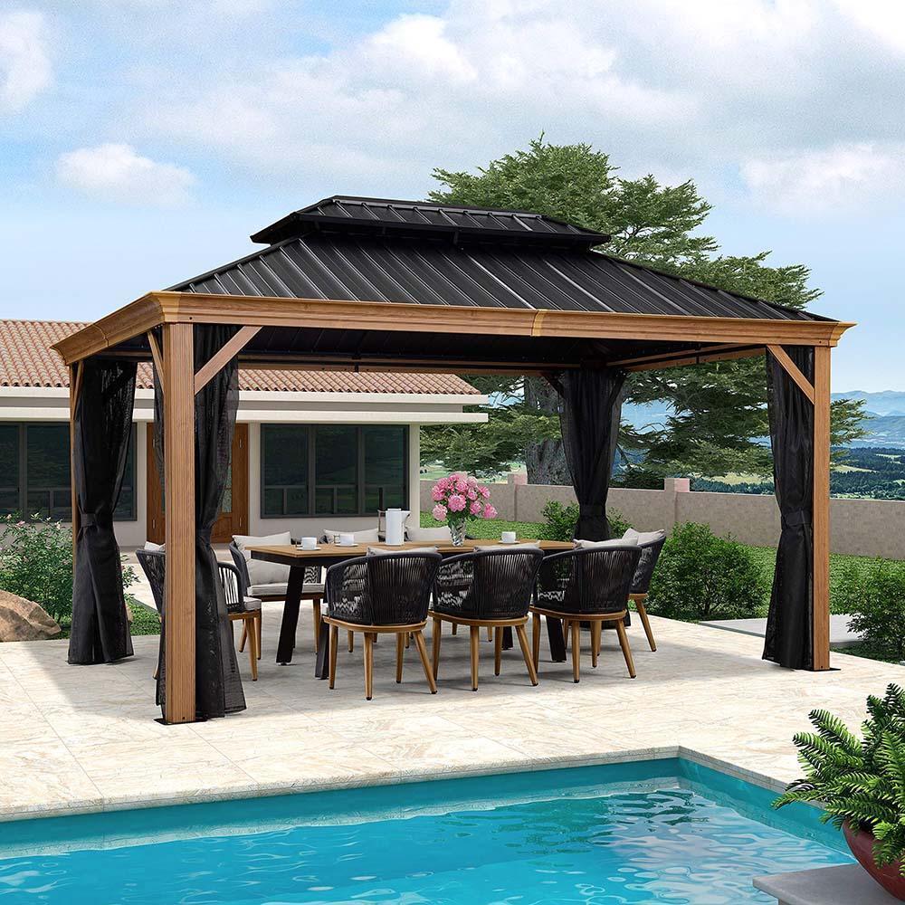 PURPLE LEAF Hardtop Gazebo for Patio Wood Grain Galvanized Steel Frame Awning with Netting - Image 19