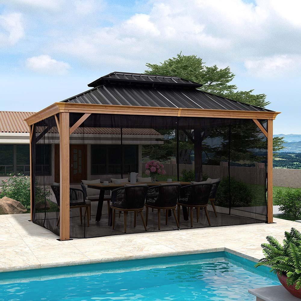 PURPLE LEAF Hardtop Gazebo for Patio Wood Grain Galvanized Steel Frame Awning with Netting - Image 20