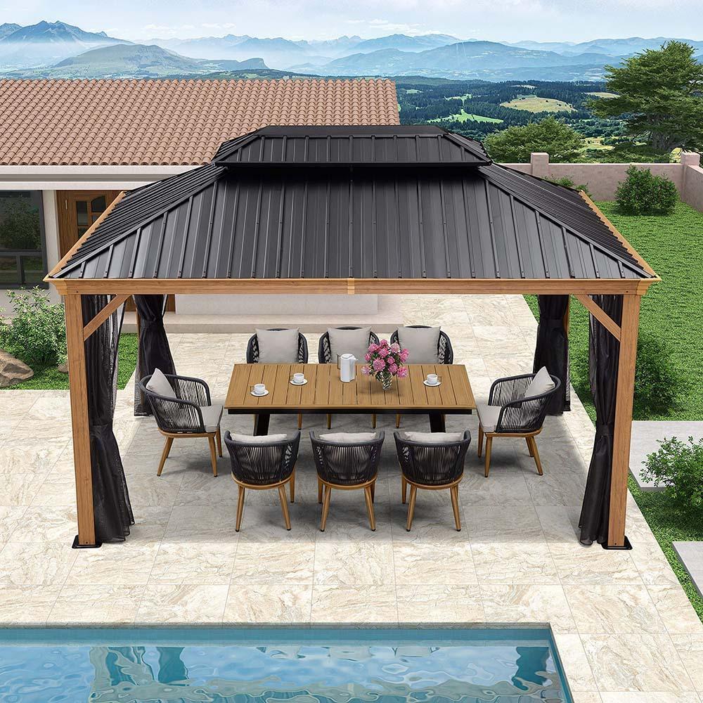 PURPLE LEAF Hardtop Gazebo for Patio Wood Grain Galvanized Steel Frame Awning with Netting - Image 21