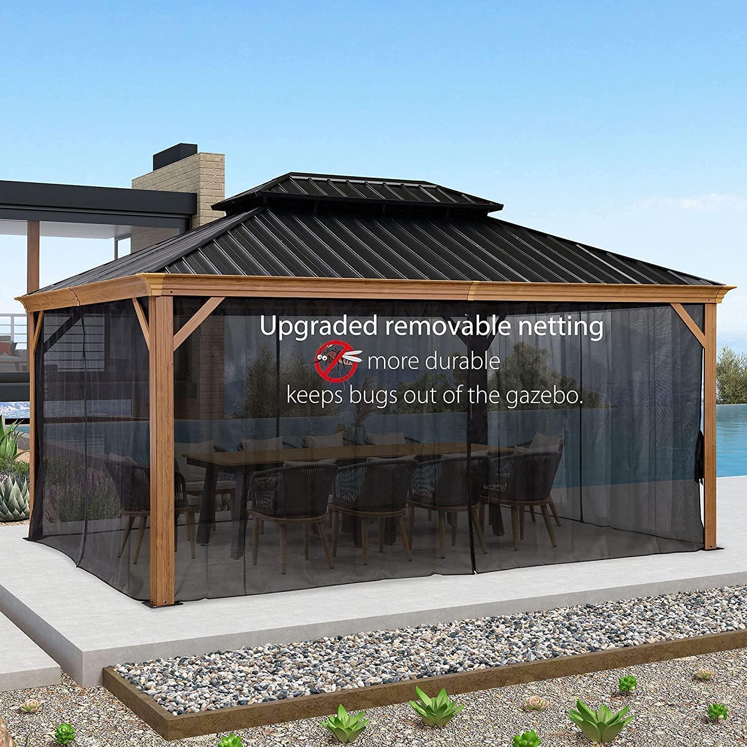 PURPLE LEAF Hardtop Gazebo for Patio Wood Grain Galvanized Steel Frame Awning with Netting - Image 28