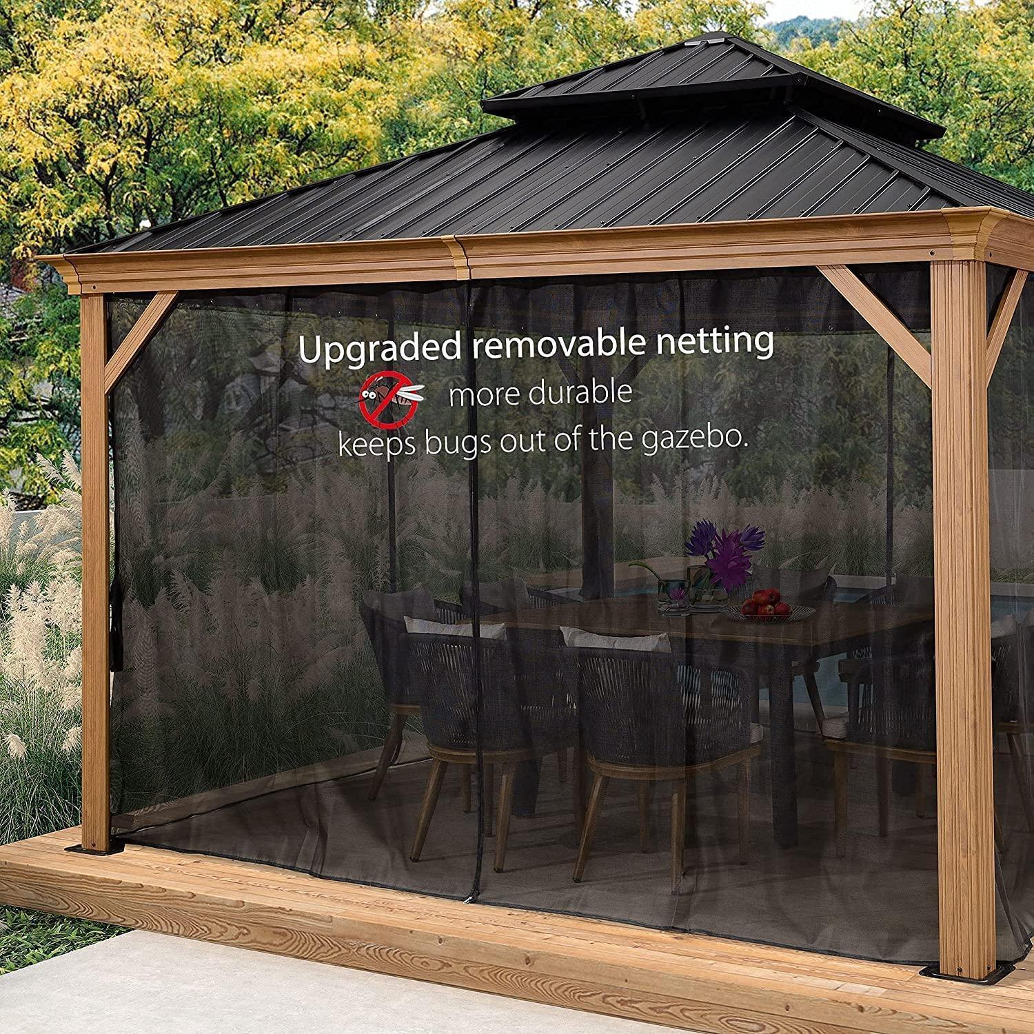 PURPLE LEAF Hardtop Gazebo for Patio Wood Grain Galvanized Steel Frame Awning with Netting - Image 29