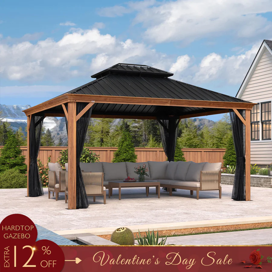 PURPLE LEAF Hardtop Gazebo for Patio Wood Grain Galvanized Steel Frame Awning with Netting - Image 3