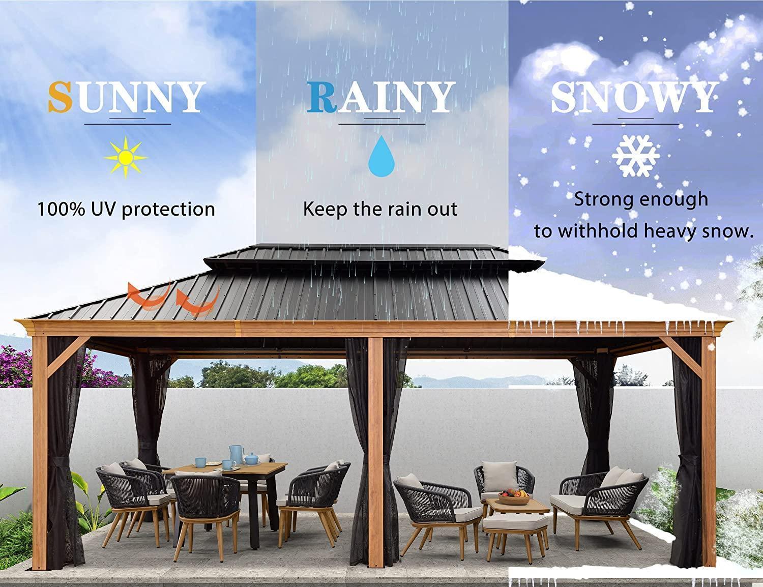 PURPLE LEAF Hardtop Gazebo for Patio Wood Grain Galvanized Steel Frame Awning with Netting - Image 30