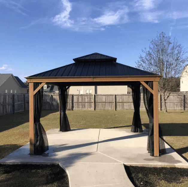 PURPLE LEAF Hardtop Gazebo for Patio Wood Grain Galvanized Steel Frame Awning with Netting - Image 32