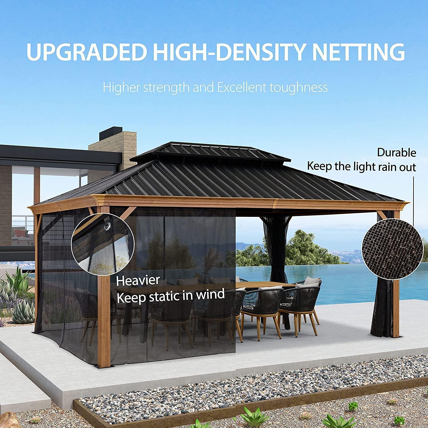 PURPLE LEAF Hardtop Gazebo for Patio Wood Grain Galvanized Steel Frame Awning with Netting - Image 34
