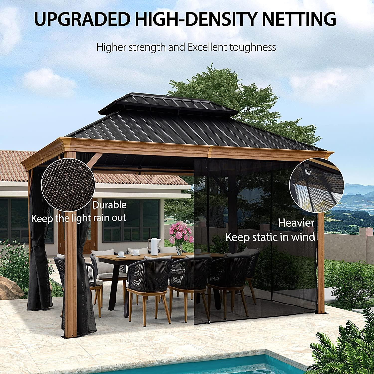 PURPLE LEAF Hardtop Gazebo for Patio Wood Grain Galvanized Steel Frame Awning with Netting - Image 38