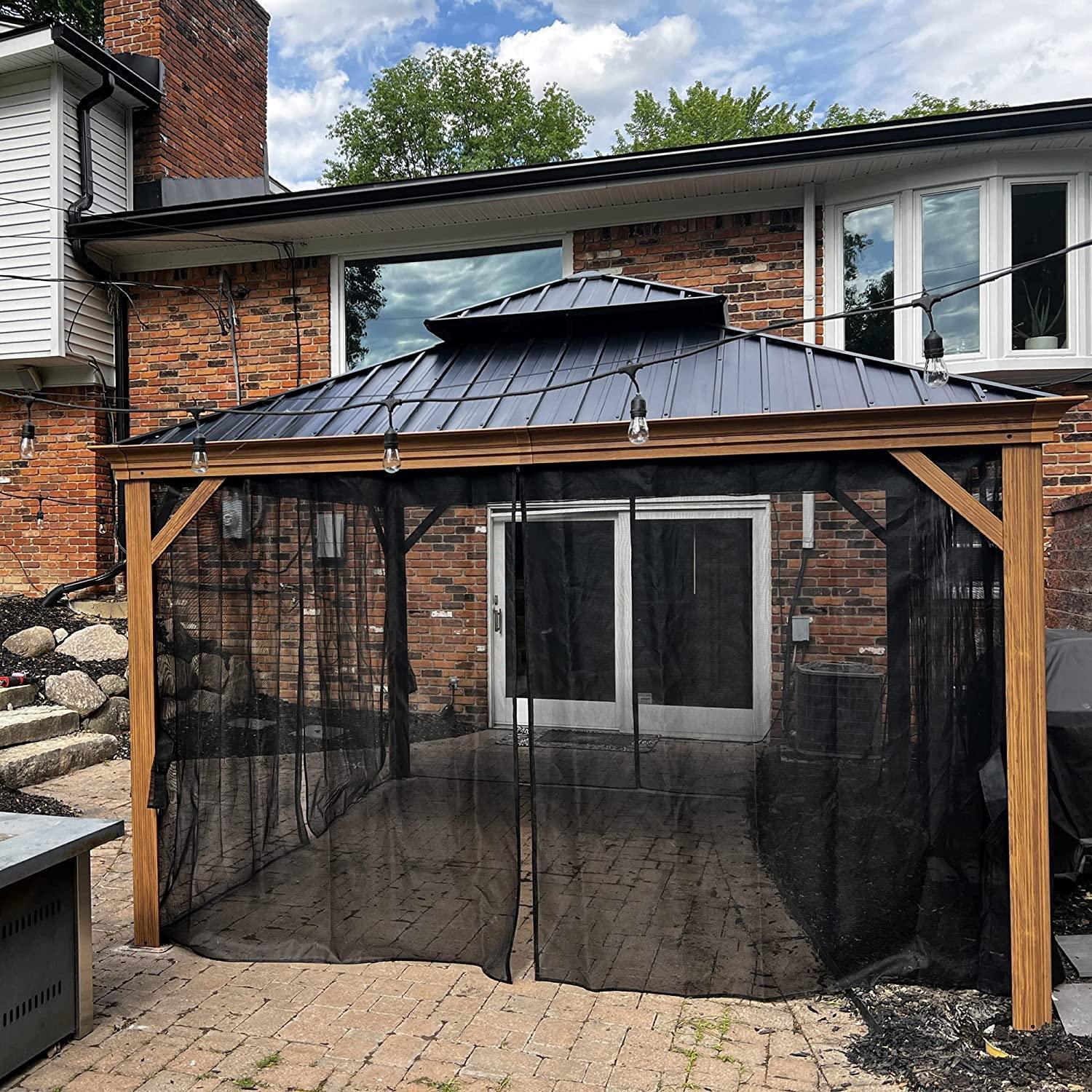 PURPLE LEAF Hardtop Gazebo for Patio Wood Grain Galvanized Steel Frame Awning with Netting - Image 39