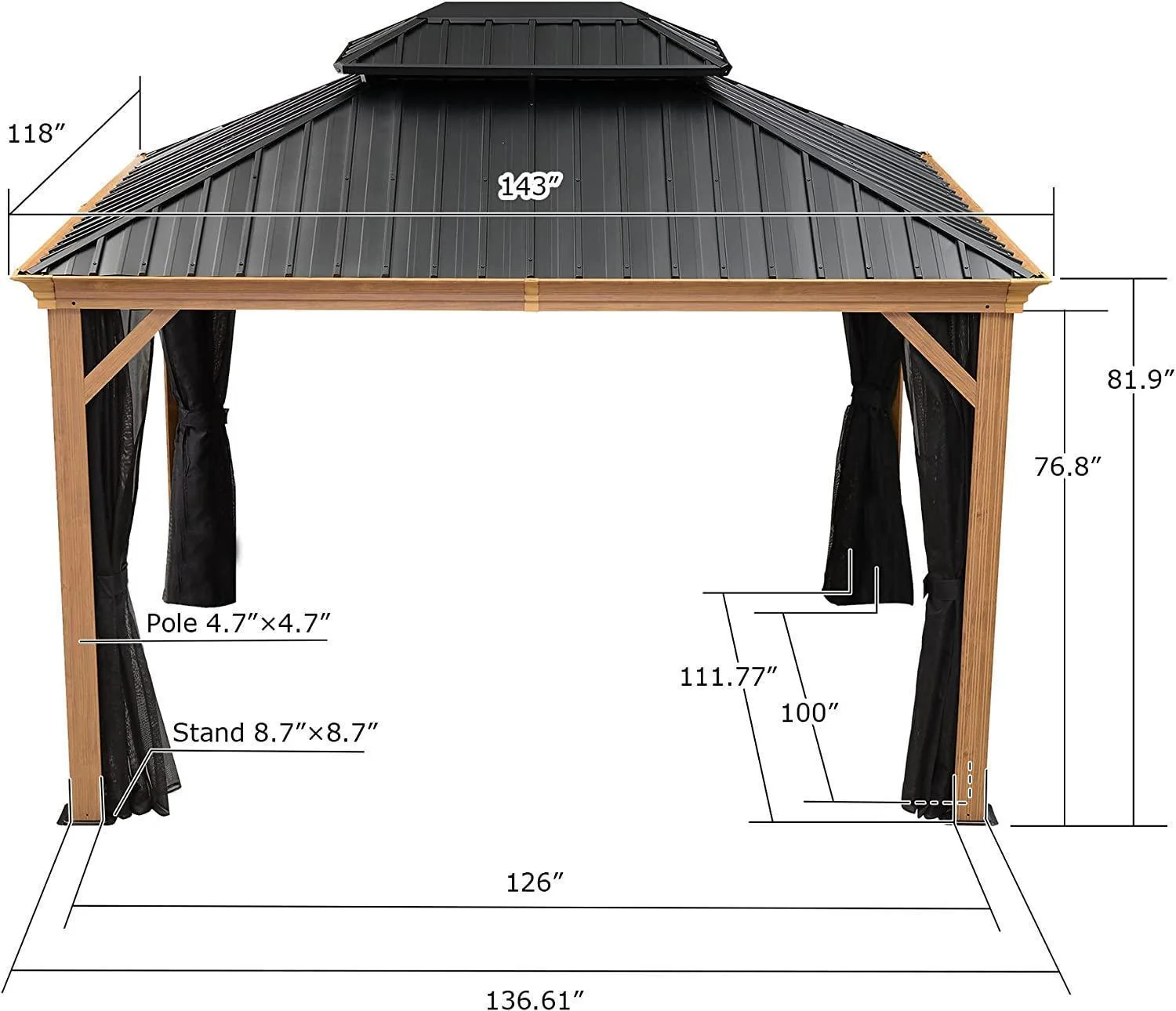 PURPLE LEAF Hardtop Gazebo for Patio Wood Grain Galvanized Steel Frame Awning with Netting - Image 41