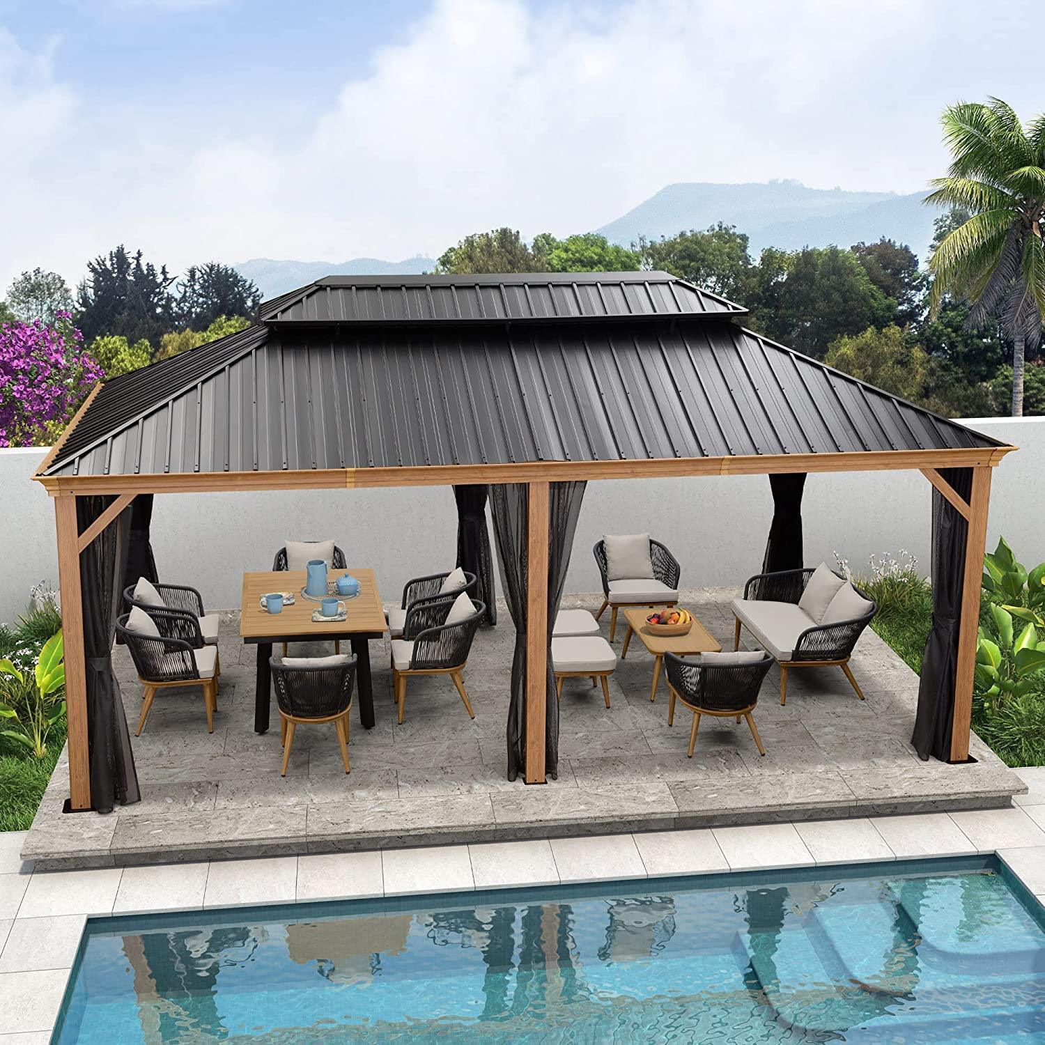 PURPLE LEAF Hardtop Gazebo for Patio Wood Grain Galvanized Steel Frame Awning with Netting - Image 43