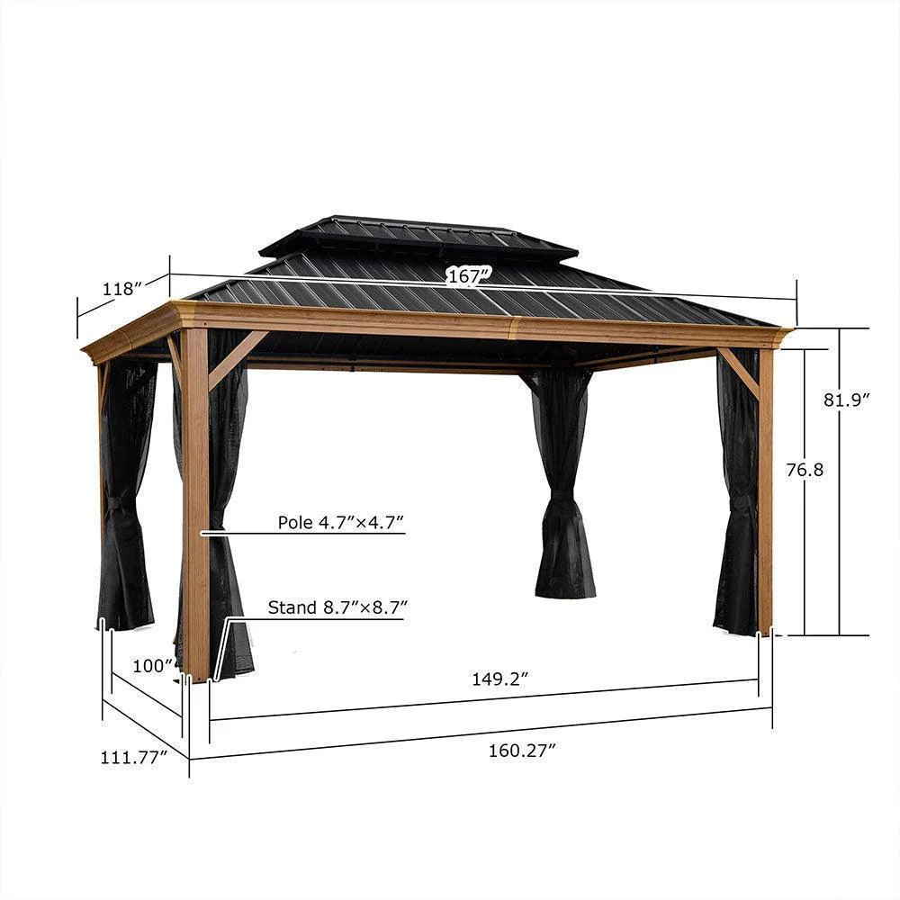 PURPLE LEAF Hardtop Gazebo for Patio Wood Grain Galvanized Steel Frame Awning with Netting - Image 45