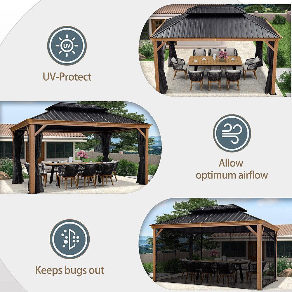 PURPLE LEAF Hardtop Gazebo for Patio Wood Grain Galvanized Steel Frame Awning with Netting - Image 46