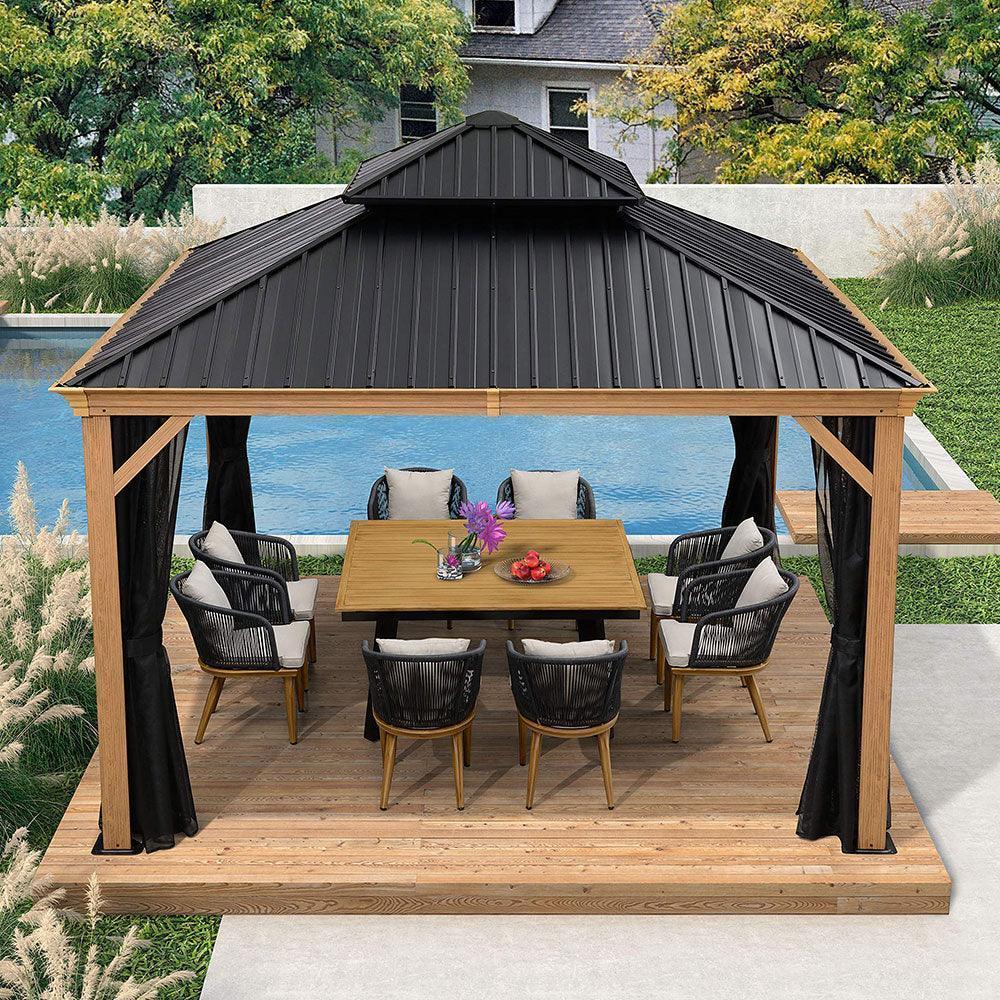 PURPLE LEAF Hardtop Gazebo for Patio Wood Grain Galvanized Steel Frame Awning with Netting - Image 50
