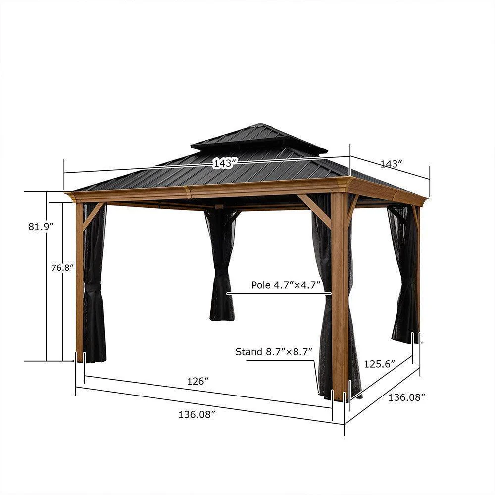 PURPLE LEAF Hardtop Gazebo for Patio Wood Grain Galvanized Steel Frame Awning with Netting - Image 51