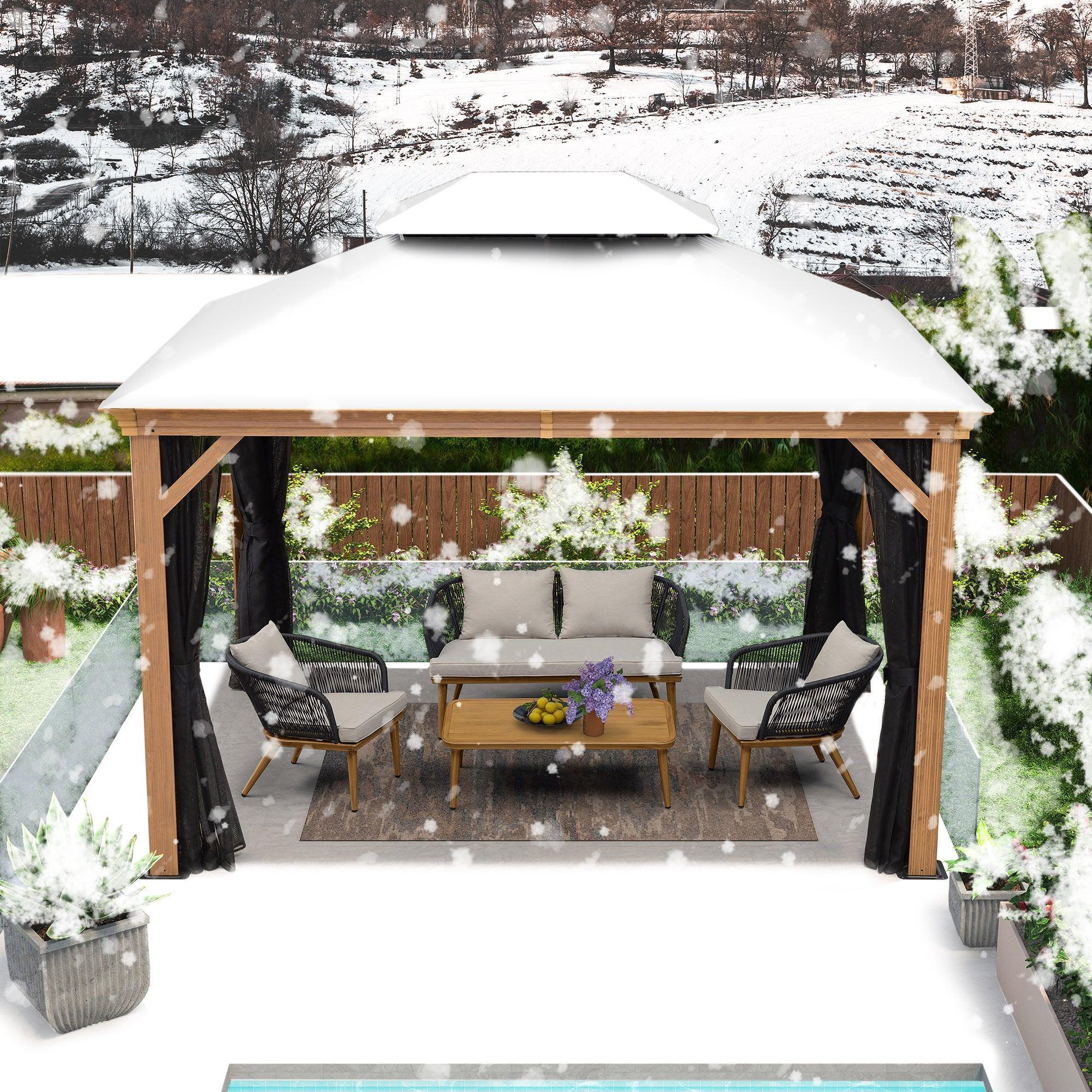 PURPLE LEAF Hardtop Gazebo for Patio Wood Grain Galvanized Steel Frame Awning with Netting - Image 52