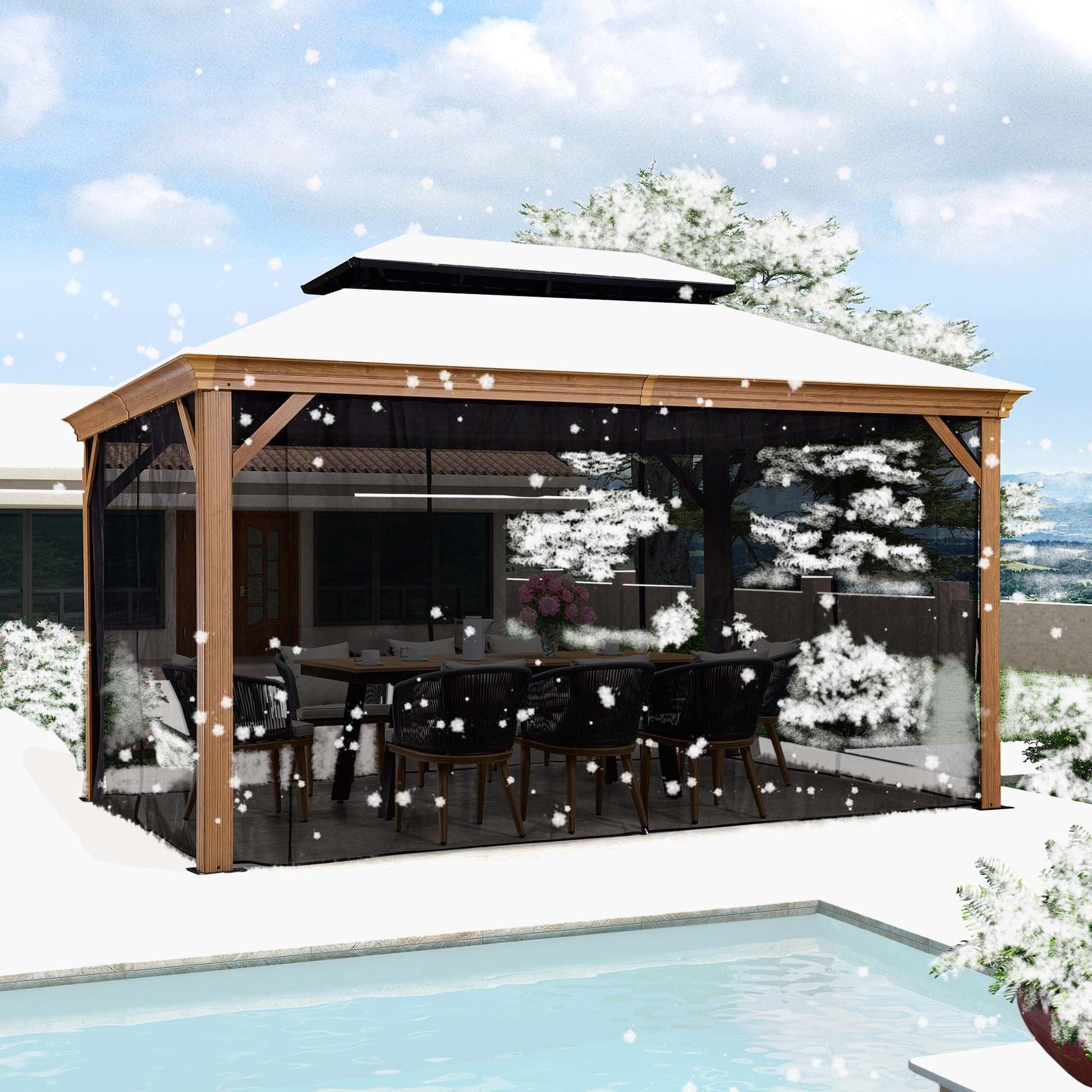 PURPLE LEAF Hardtop Gazebo for Patio Wood Grain Galvanized Steel Frame Awning with Netting - Image 53