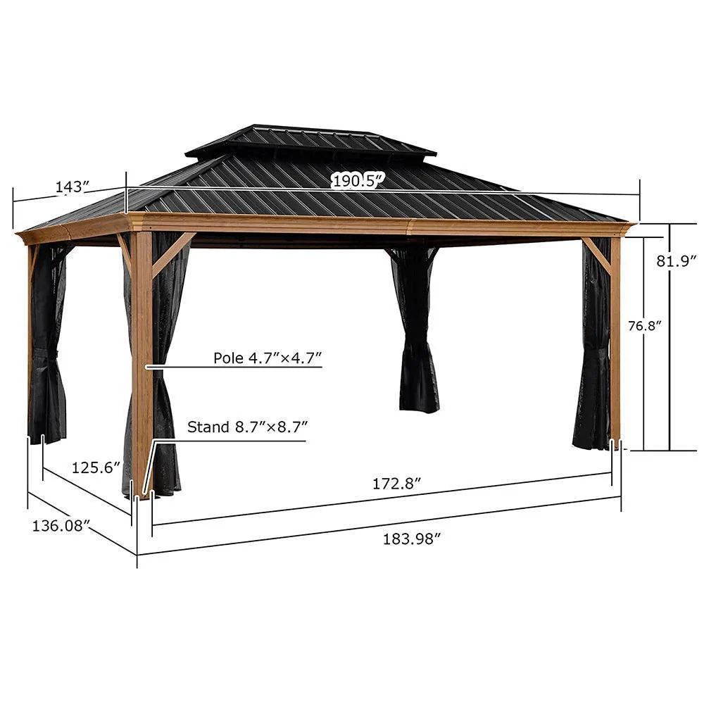 PURPLE LEAF Hardtop Gazebo for Patio Wood Grain Galvanized Steel Frame Awning with Netting - Image 57