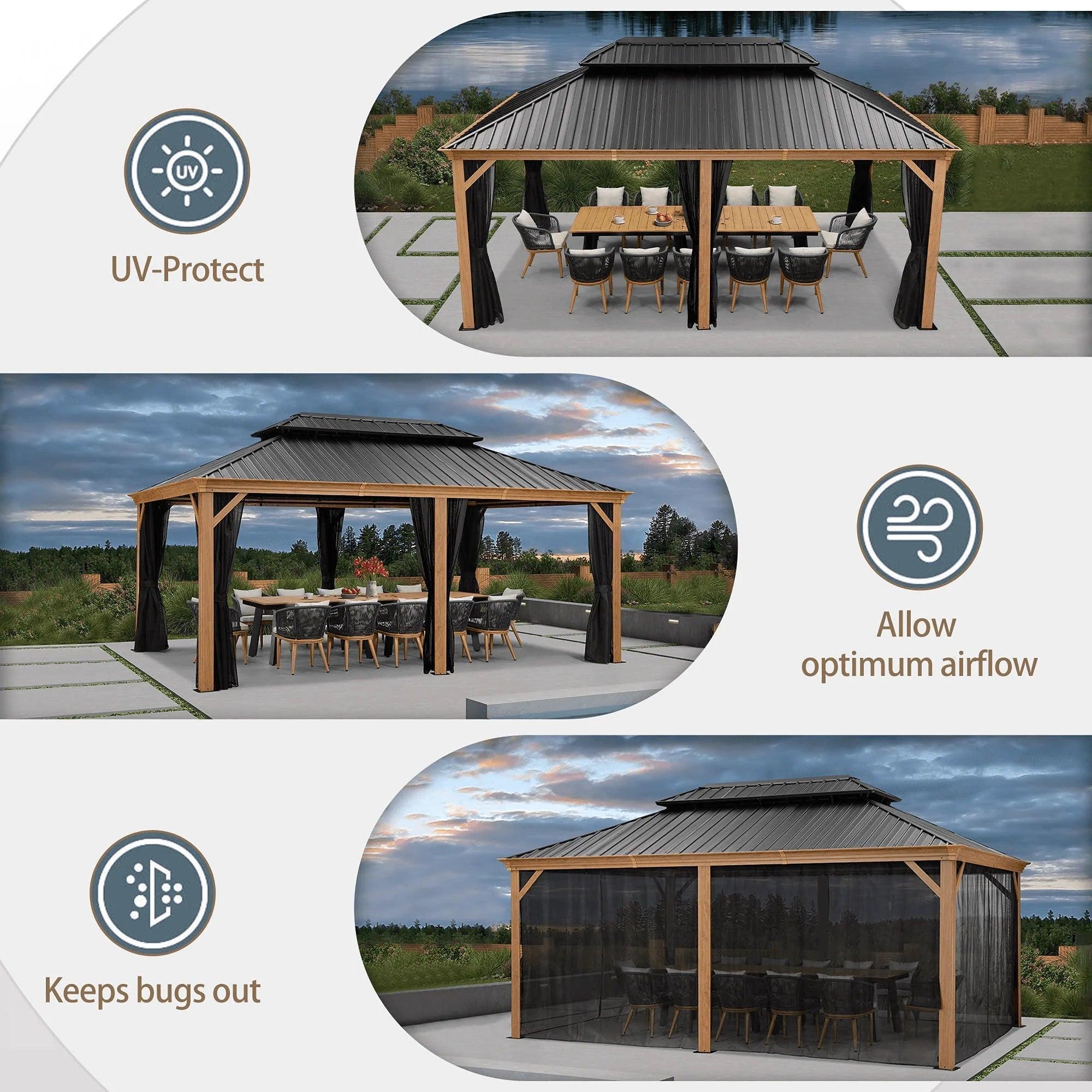 PURPLE LEAF Hardtop Gazebo for Patio Wood Grain Galvanized Steel Frame Awning with Netting - Image 60