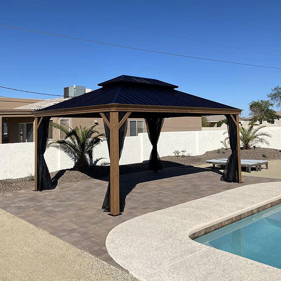 PURPLE LEAF Hardtop Gazebo for Patio Wood Grain Galvanized Steel Frame Awning with Netting - Image 61