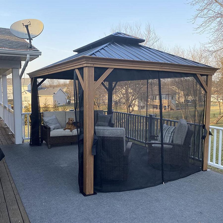 PURPLE LEAF Hardtop Gazebo for Patio Wood Grain Galvanized Steel Frame Awning with Netting - Image 63