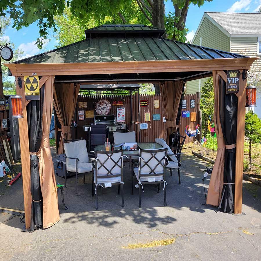 PURPLE LEAF Hardtop Gazebo for Patio Wood Grain Galvanized Steel Frame Awning with Netting - Image 64