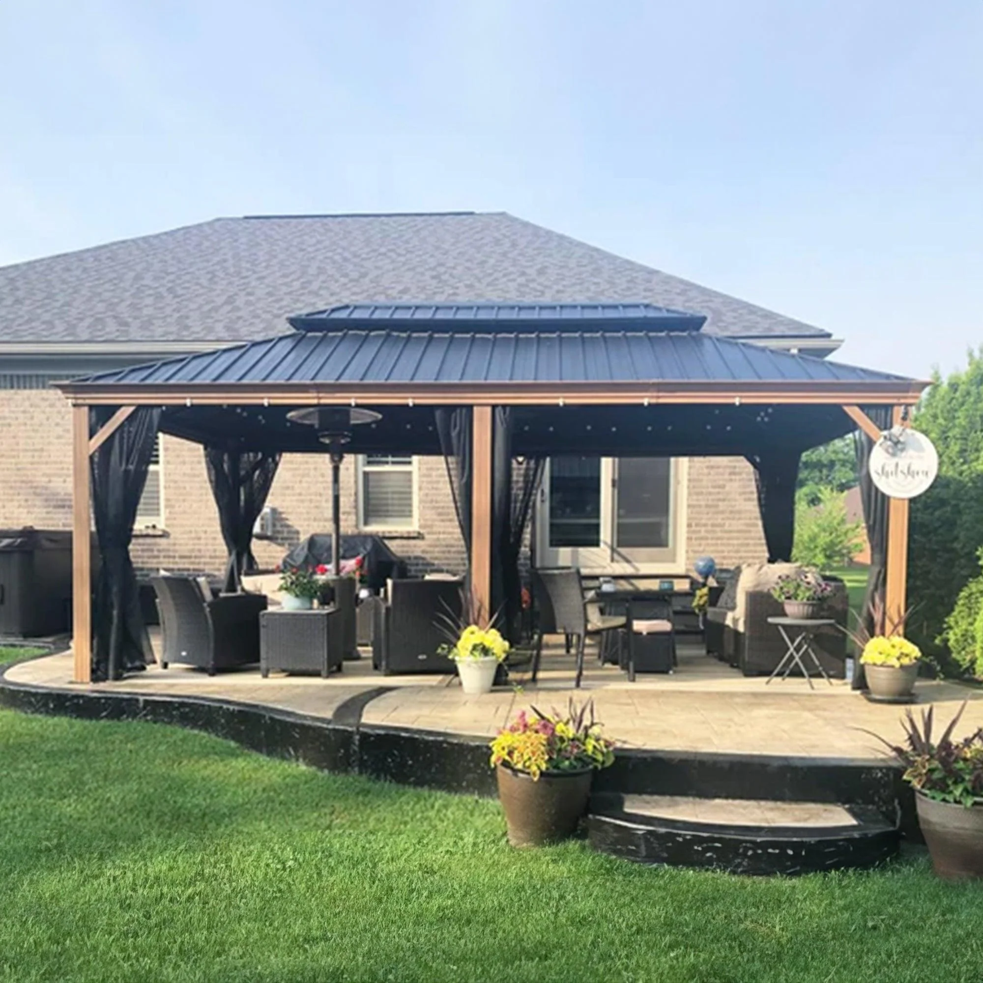 PURPLE LEAF Hardtop Gazebo for Patio Wood Grain Galvanized Steel Frame Awning with Netting - Image 65