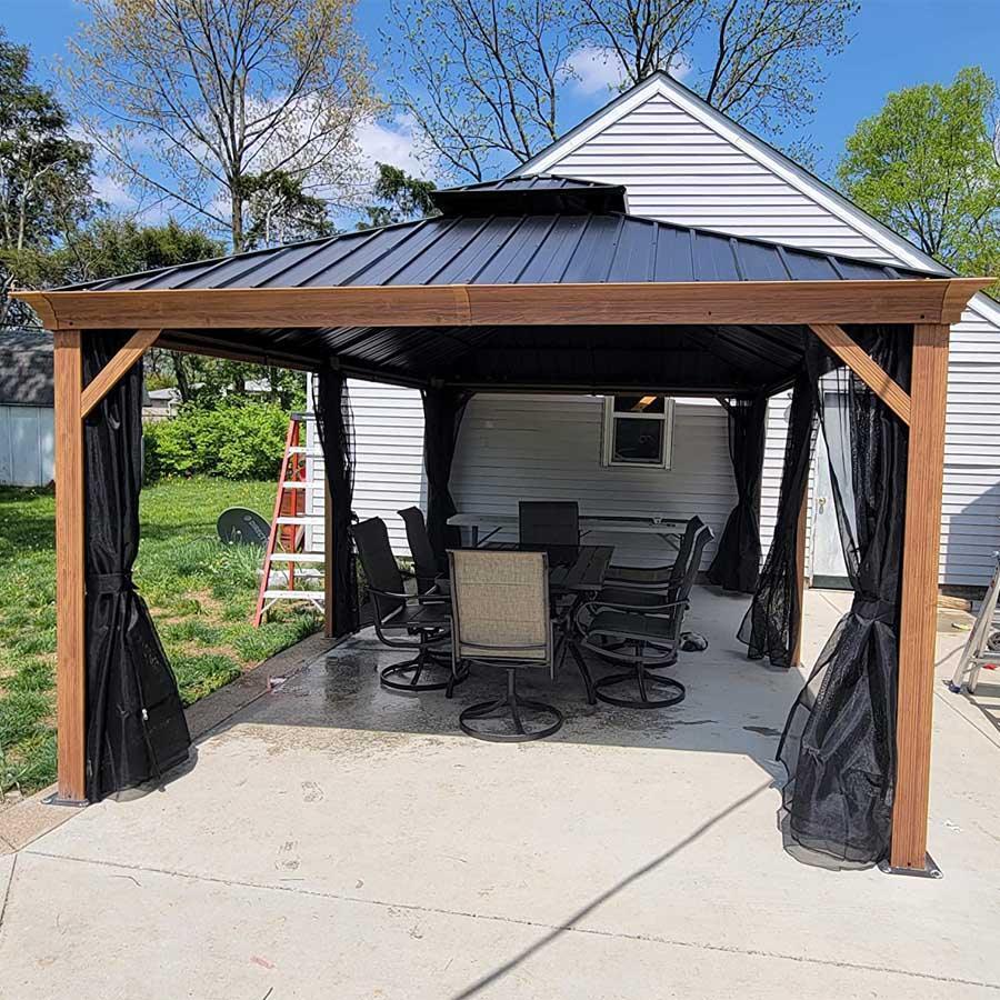 PURPLE LEAF Hardtop Gazebo for Patio Wood Grain Galvanized Steel Frame Awning with Netting - Image 71