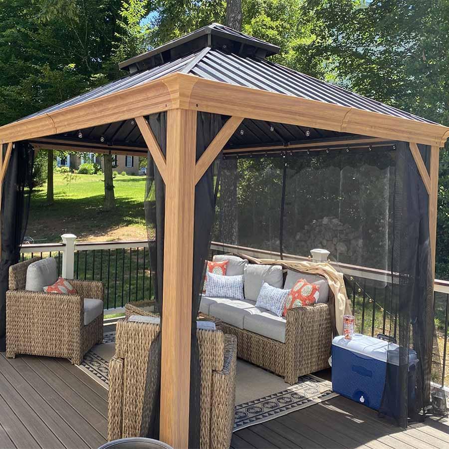 PURPLE LEAF Hardtop Gazebo for Patio Wood Grain Galvanized Steel Frame Awning with Netting - Image 72