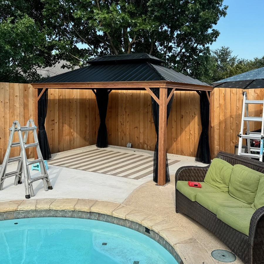 PURPLE LEAF Hardtop Gazebo for Patio Wood Grain Galvanized Steel Frame Awning with Netting - Image 73