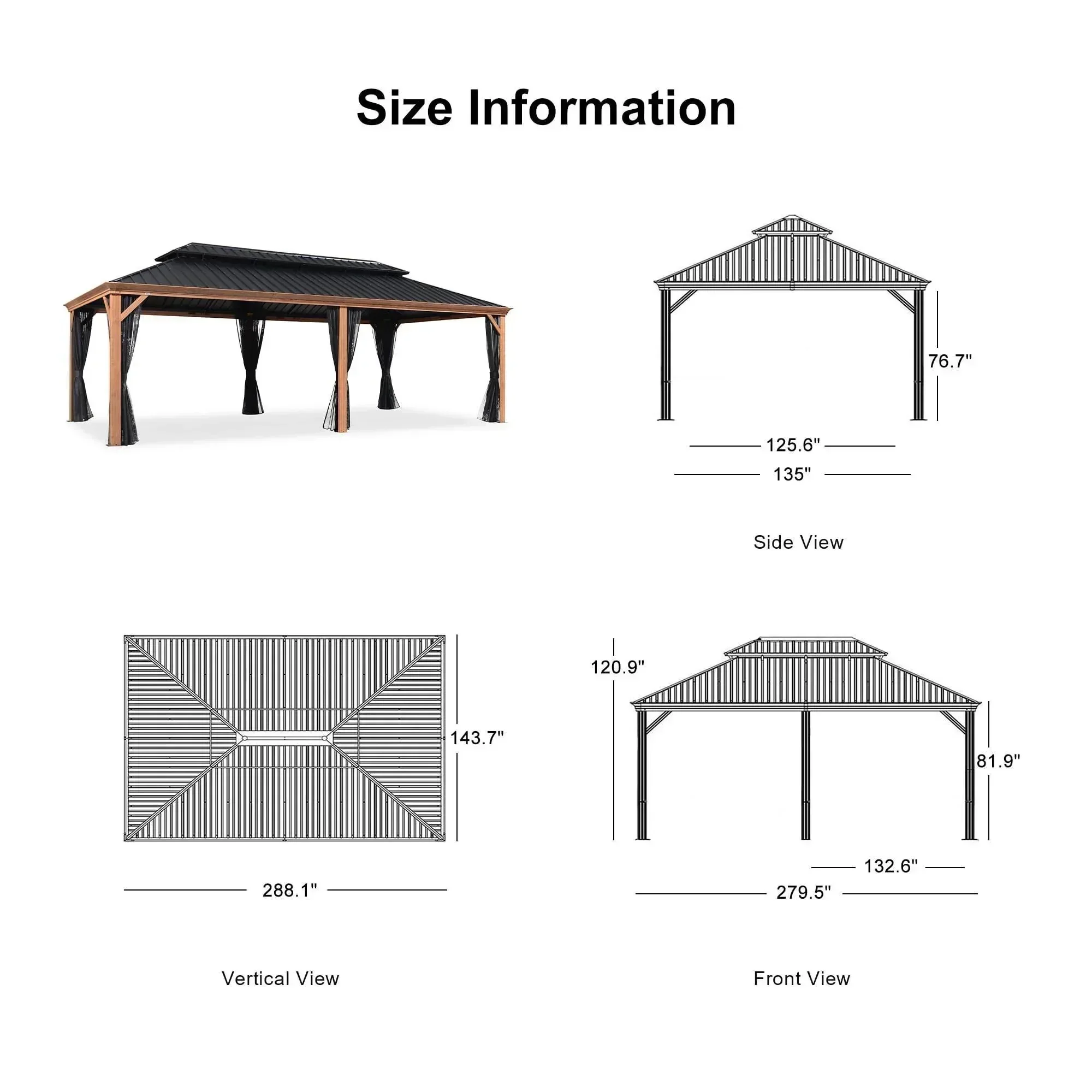 PURPLE LEAF Hardtop Gazebo for Patio Wood Grain Galvanized Steel Frame Awning with Netting - Image 75