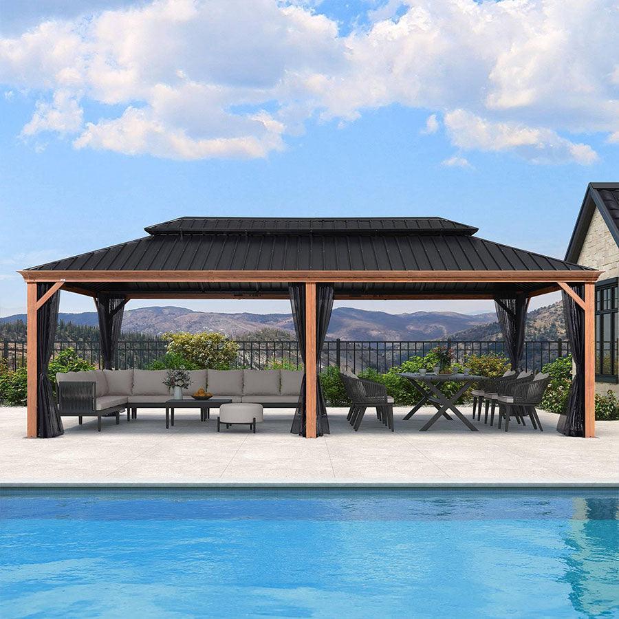 PURPLE LEAF Hardtop Gazebo for Patio Wood Grain Galvanized Steel Frame Awning with Netting - Image 76