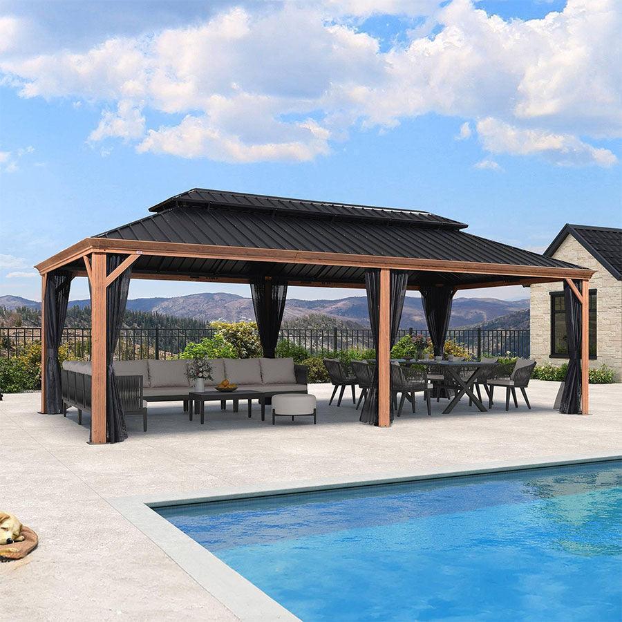 PURPLE LEAF Hardtop Gazebo for Patio Wood Grain Galvanized Steel Frame Awning with Netting - Image 77