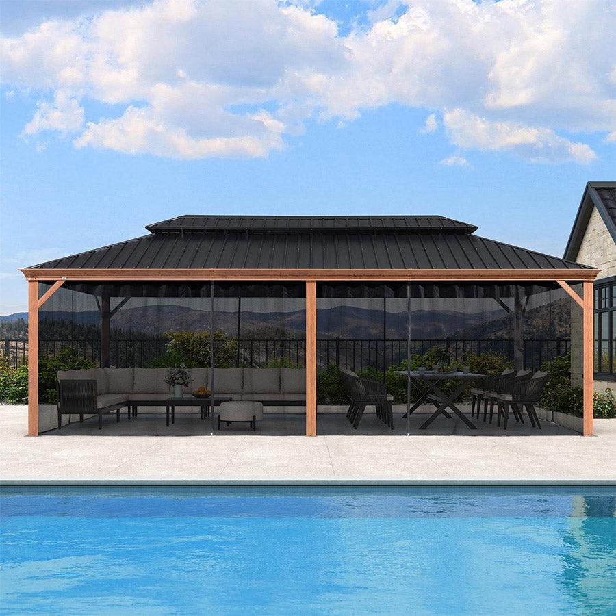 PURPLE LEAF Hardtop Gazebo for Patio Wood Grain Galvanized Steel Frame Awning with Netting - Image 78