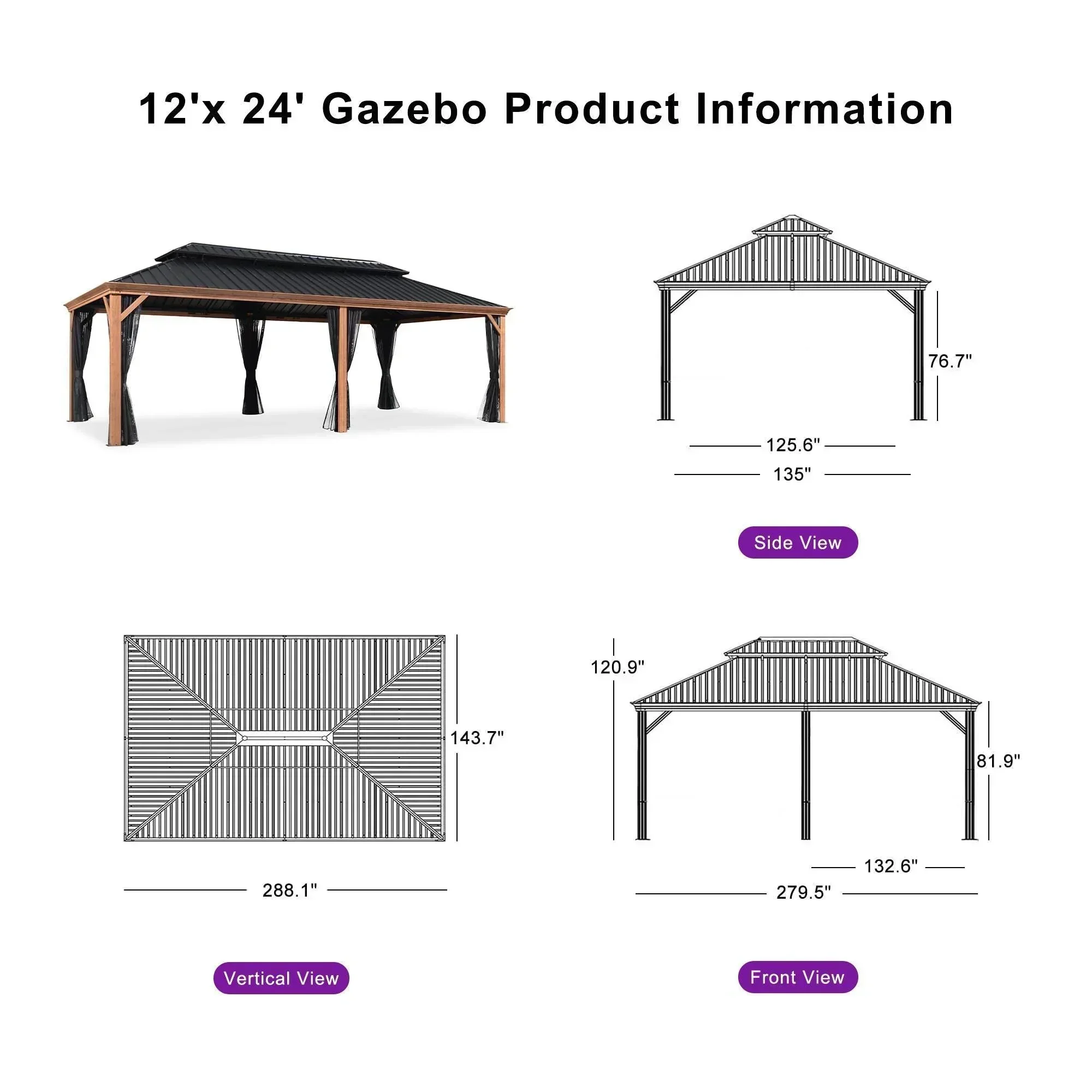 PURPLE LEAF Hardtop Gazebo for Patio Wood Grain Galvanized Steel Frame Awning with Netting - Image 79