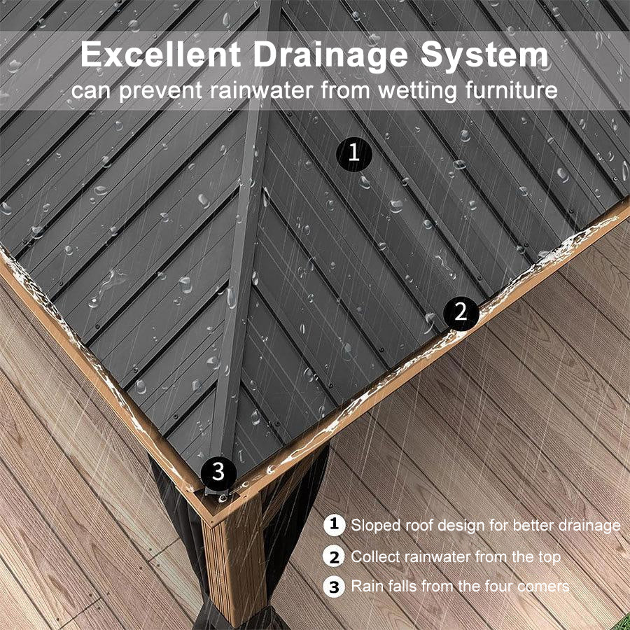 PURPLE LEAF Hardtop Gazebo for Patio Wood Grain Galvanized Steel Frame Awning with Netting - Image 83