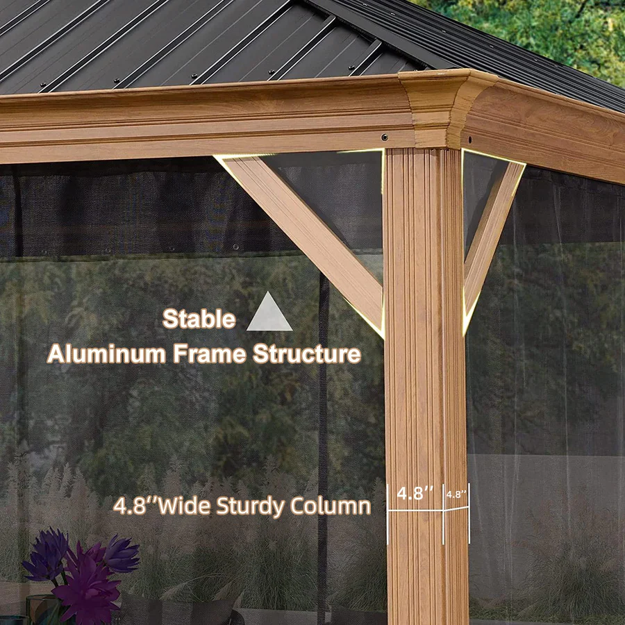 PURPLE LEAF Hardtop Gazebo for Patio Wood Grain Galvanized Steel Frame Awning with Netting - Image 93