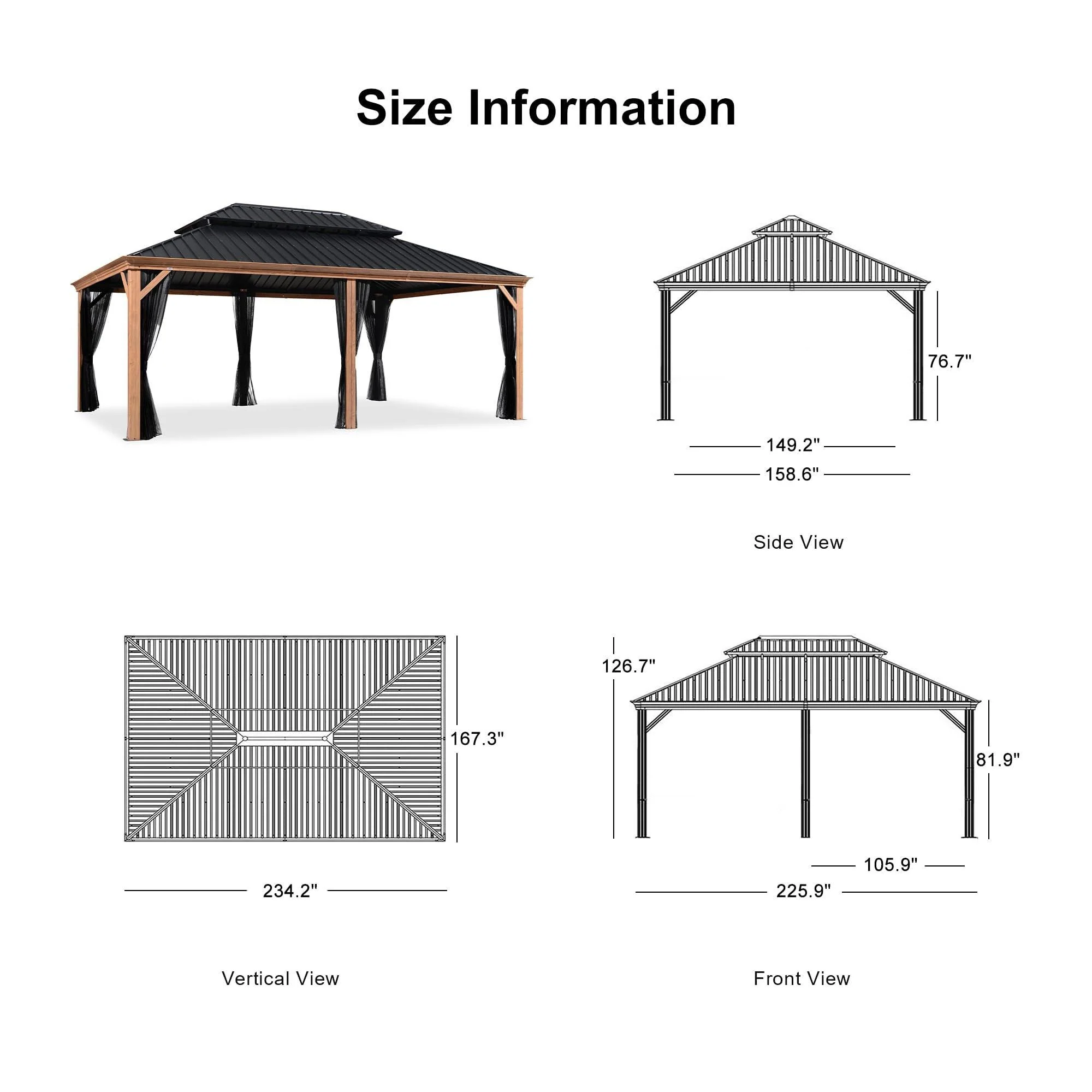 PURPLE LEAF Hardtop Gazebo for Patio Wood Grain Galvanized Steel Frame Awning with Netting - Image 98