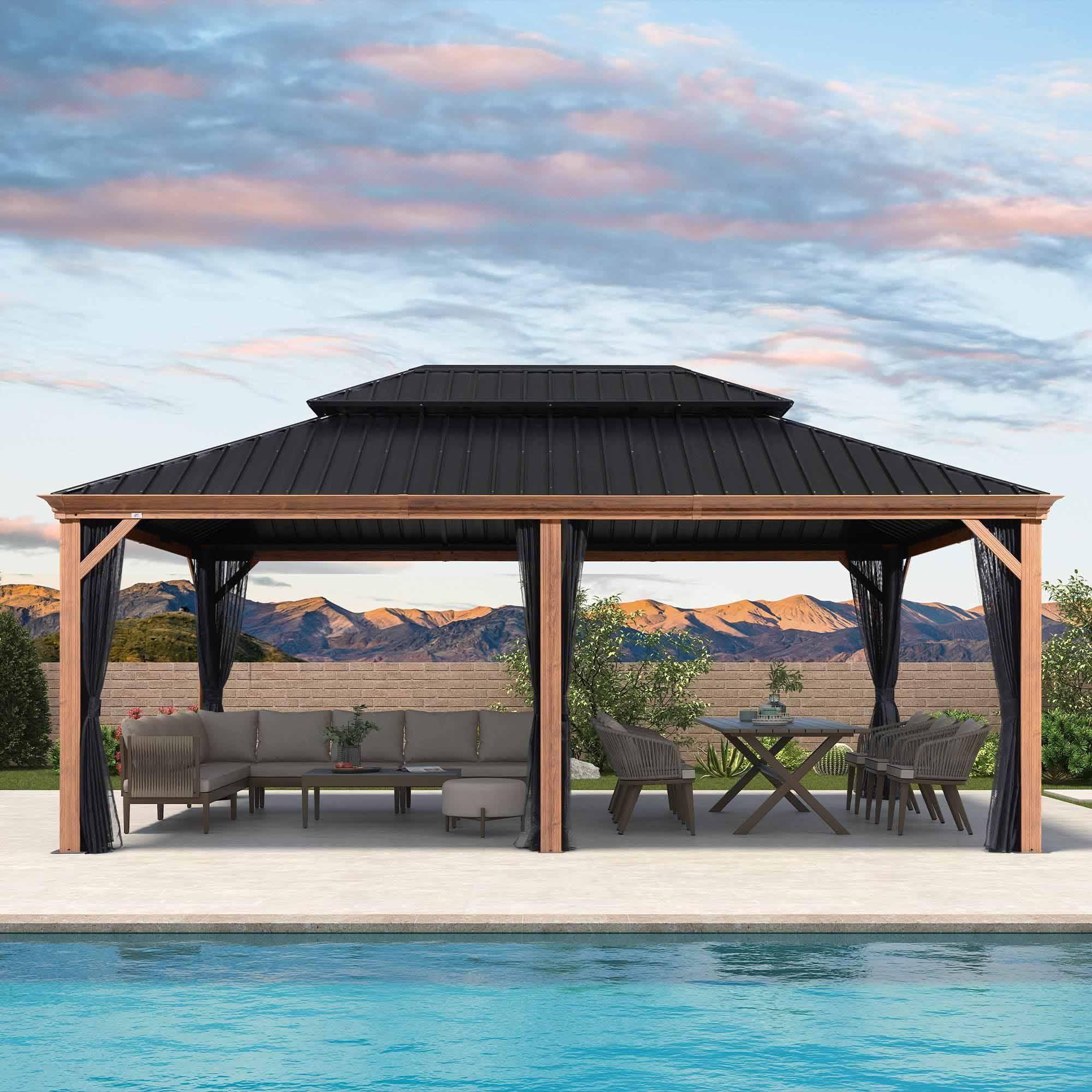 PURPLE LEAF Hardtop Gazebo for Patio Wood Grain Galvanized Steel Frame Awning with Netting - Image 99