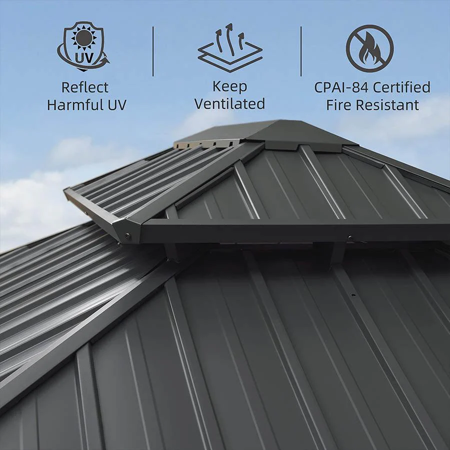 PURPLE LEAF Outdoor Hardtop Gazebo for Patio Grey Aluminum Frame Pavilion with Navy-Blue Curtain - Image 12