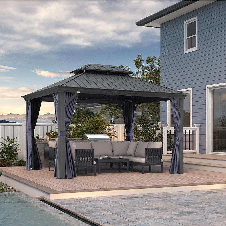 PURPLE LEAF Outdoor Hardtop Gazebo for Patio Grey Aluminum Frame Pavilion with Navy-Blue Curtain - Image 3