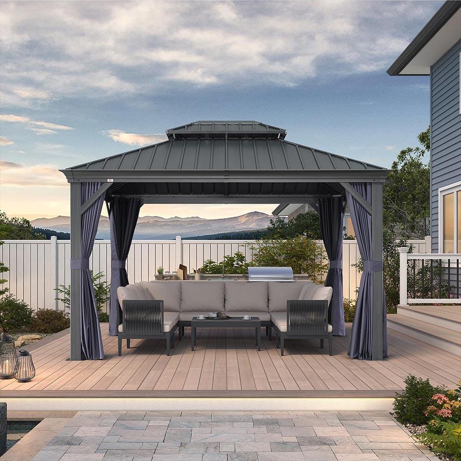 PURPLE LEAF Outdoor Hardtop Gazebo for Patio Grey Aluminum Frame Pavilion with Navy-Blue Curtain - Image 32